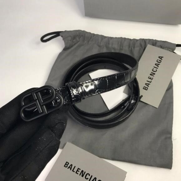 New Authentic Balenciaga BB Logo Buckle Croc Embossed Leather Skinny Belt - Picture 13 of 14